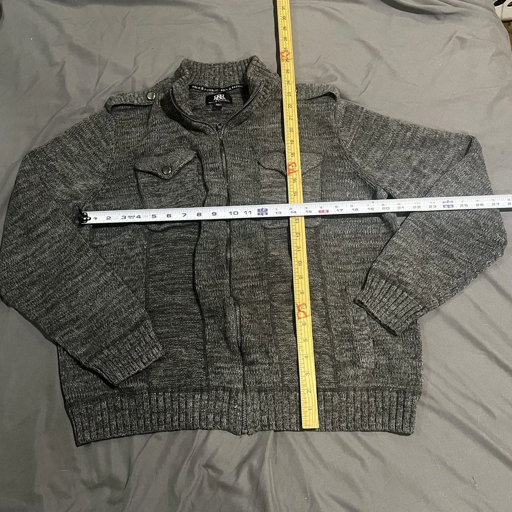 Rock & Republic Sweater Mens 2XL Gray Full Zip Mock Neck Knit Pockets Ribbed Hem